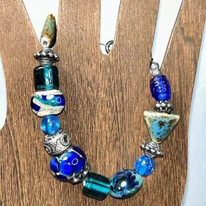 Strung Bead Bracelet sz 6.5 Handmade Glass Beads Blue Silver Boho Ocean